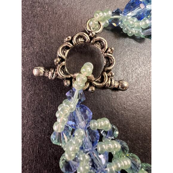 Vintage Blue & Green Crystal Beaded Chevron Braid Toggle Bracelet Y2K - Picture 9 of 15